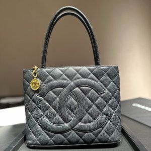 CHANEL Caviar Leather Black Tote with Gold Medallion Hardware ***